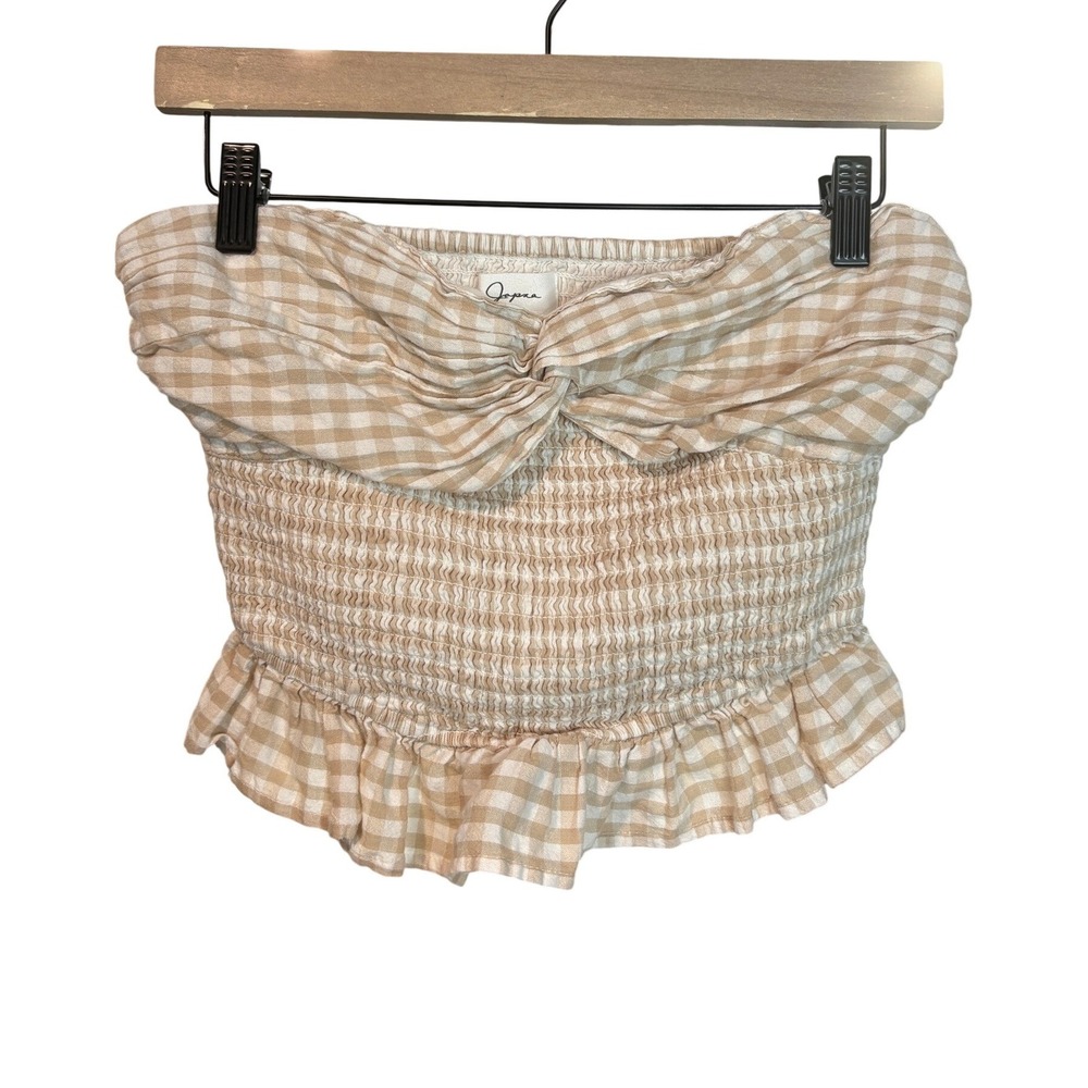 Japna Gingham Smocked Tube Top Tan White Ruffle Hem Small Cottagecore Boho - Picture 2 of 4